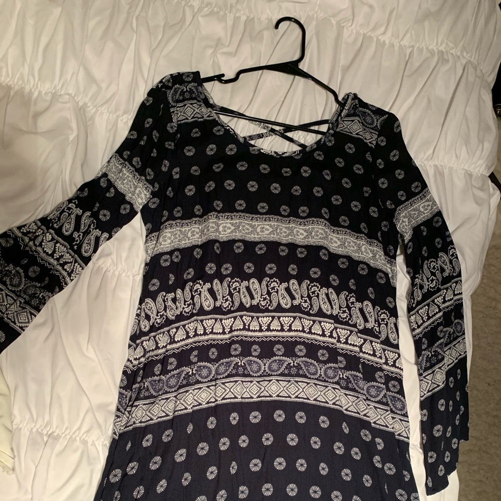 Blue and white pattered boho dress